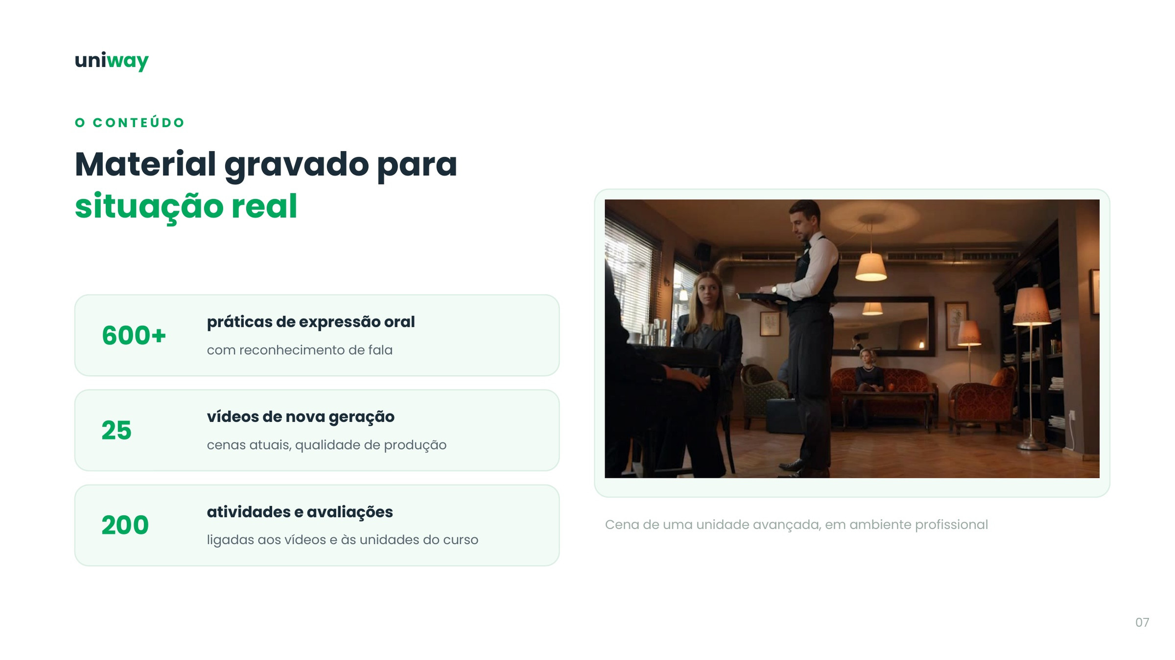 Material gravado para situação real: 600 práticas de fala, 25 vídeos e 200 atividades