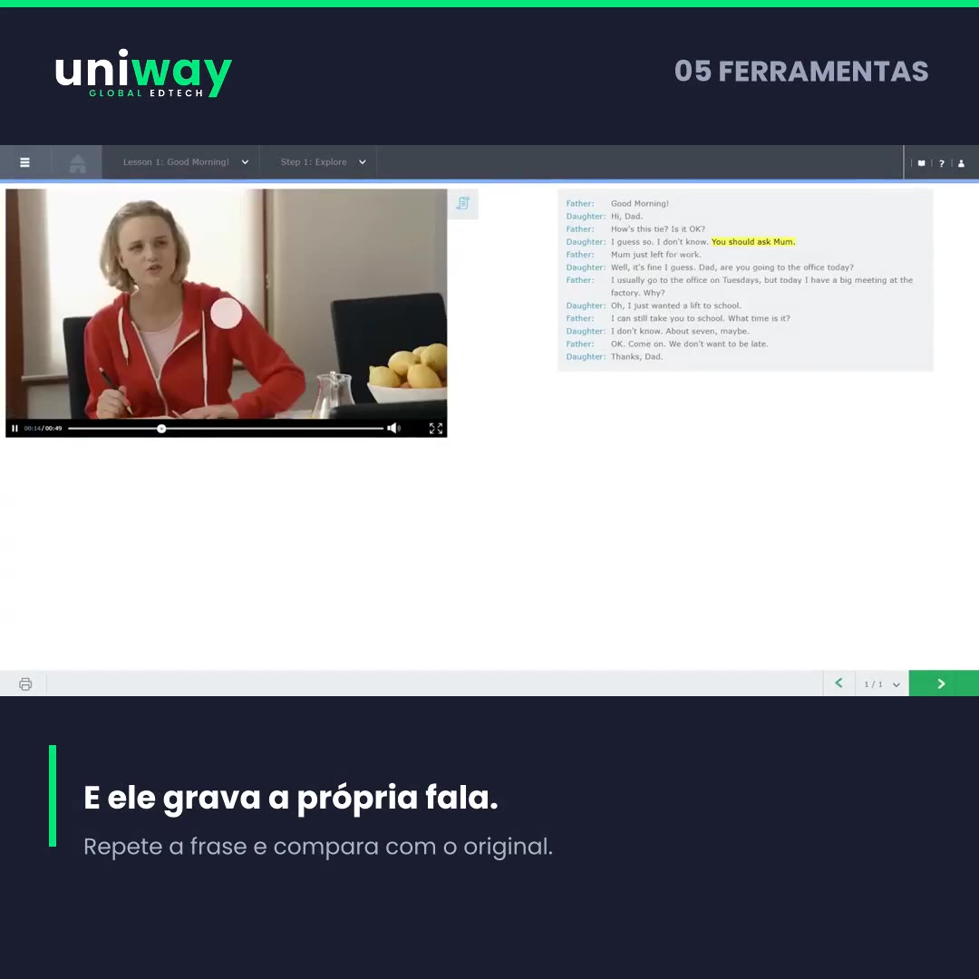 Tela da plataforma Uniway com transcrição e ferramentas de escuta