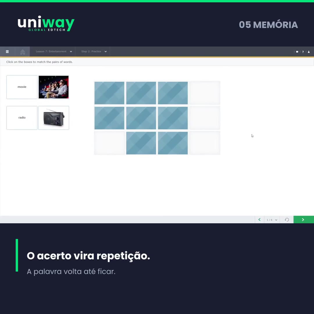 Tela da plataforma Uniway com jogo de memória de vocabulário