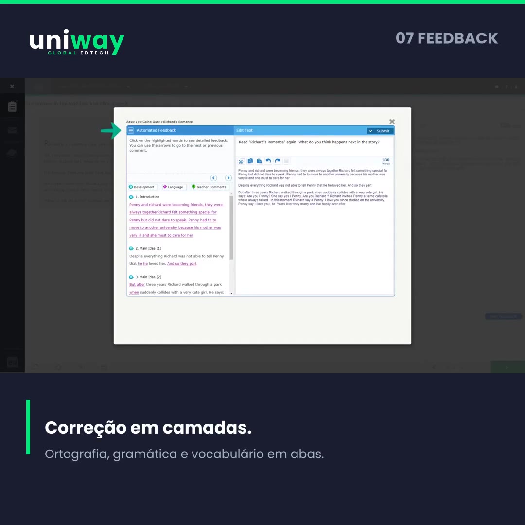 Tela da plataforma Uniway com correção de texto separada por camadas